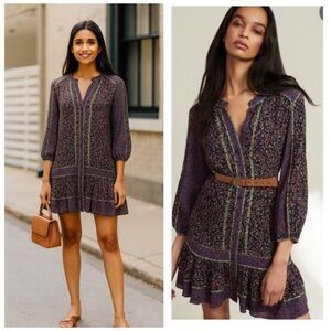 Veronica Beard Xanita Purple Floral Button Down Mini Shirt Dress Size Large